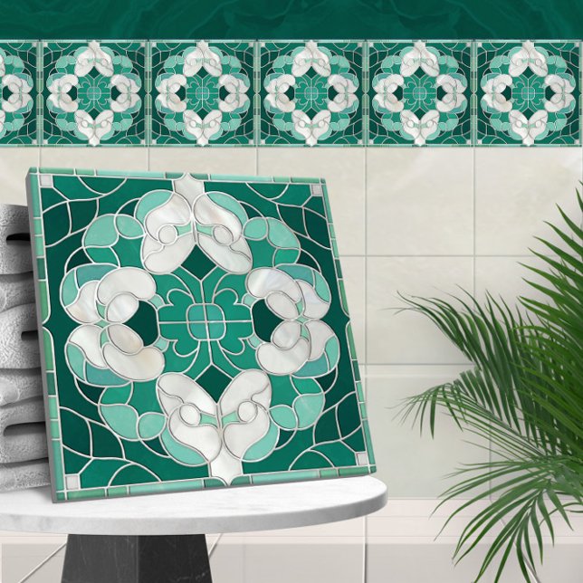 Mosaic Flourish Marble Ornament Green and White Tile (Creator Uploaded)