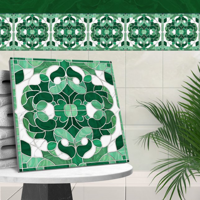Mosaic Flourish Marble Ornament Green and White Tile (Creator Uploaded)