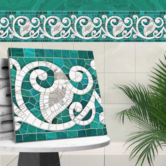 Mosaic Flourish Marble Ornament Green and White Tile (Creator Uploaded)