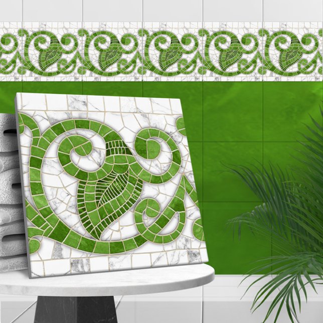 Mosaic Flourish Marble Ornament Green and White Tile (Creator Uploaded)
