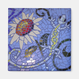 Mosaic Gecko and Sunflower on Blue Magnet