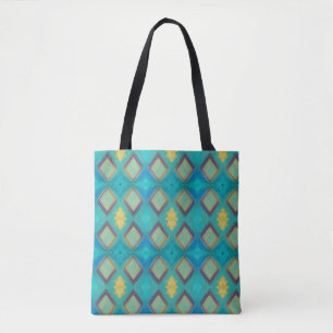 Mosaic geometric decor turquoise blue gold kitty tote bag