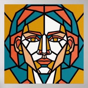 Mosaic Geometric Portrait in Amber and Teal Poster