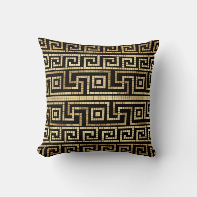 Mosaic Greek Meander Greek Key Black and Gold Cushion (Front)