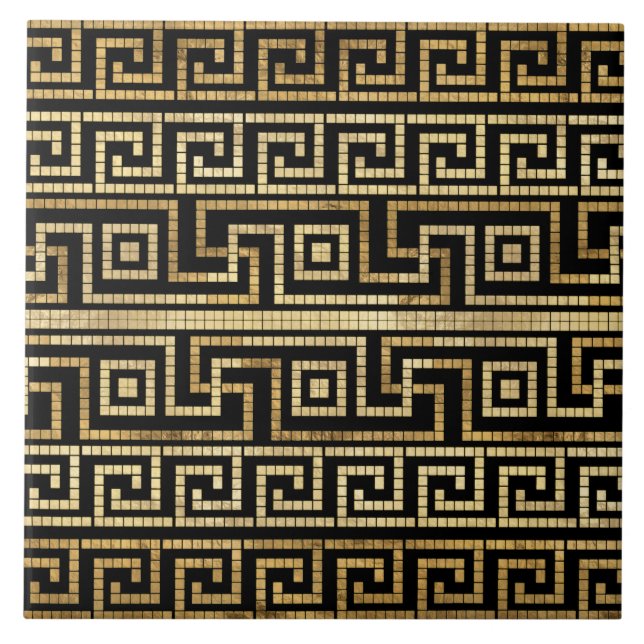 Mosaic Greek Meander Greek Key Black and Gold Tile (Front)