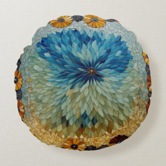 Mosaic Green Blue Floral Round Cushion
