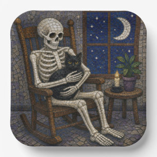 Mosaic Halloween Skeleton and Black Cat Paper Plate