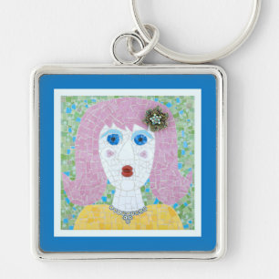 Mosaic - Ingrid with Blue & Ivory Border Key Ring