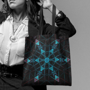 Mosaic Kaleidoscope Flower Blue and Black Tote Bag