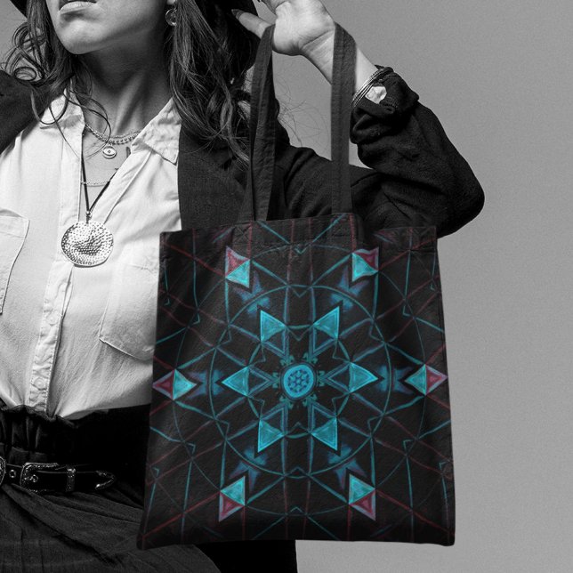 Mosaic Kaleidoscope Flower Blue and Black Tote Bag (Creator Uploaded)
