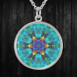 Mosaic Kaleidoscope Flower Blue Green and Orange Sterling Silver Necklace<br><div class="desc">This mosaic kaleidoscope design features brilliant blue,  green,  and orange tiles. A vivid geometric design inspired by fractals,  mandalas,  and stained glass mosaics. Get this beautiful trippy design now and add some groovy colours to your life!</div>