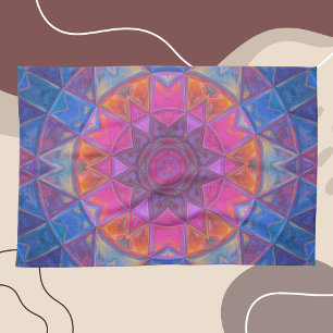 Mosaic Kaleidoscope Flower Blue Pink and Yellow Tea Towel