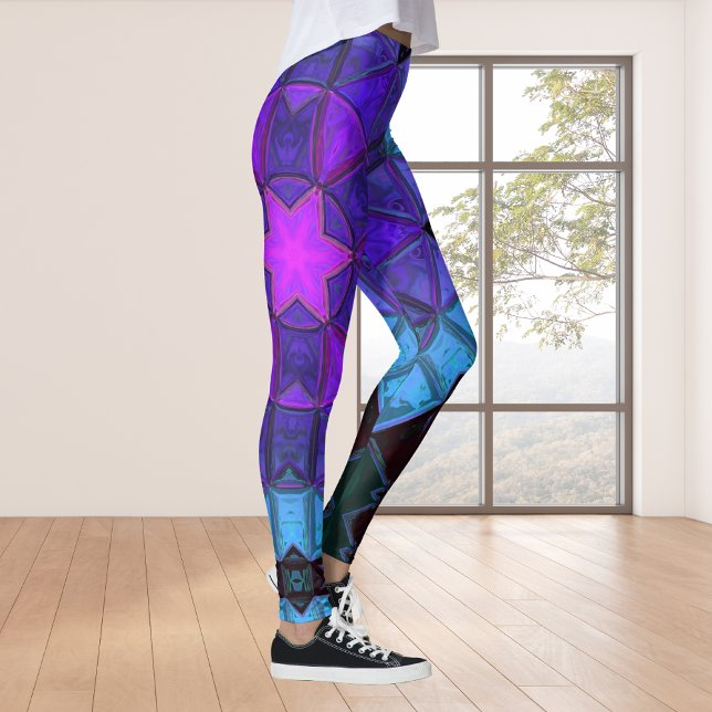 Mosaic Kaleidoscope Flower Blue Purple and Black Leggings (Creator Uploaded)