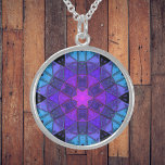 Mosaic Kaleidoscope Flower Blue Purple and Black Sterling Silver Necklace<br><div class="desc">This mosaic kaleidoscope design features brilliant blue,  purple,  and black tiles. A vivid geometric design inspired by fractals,  mandalas,  and stained glass mosaics. Get this beautiful trippy design now and add some groovy colours to your life!</div>
