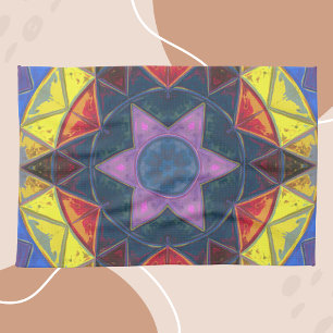 Mosaic Kaleidoscope Flower Blue Yellow and Pink Tea Towel