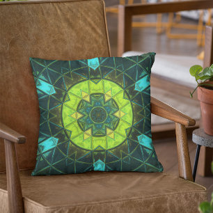 Mosaic Kaleidoscope Flower Green and Blue Cushion