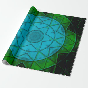 Mosaic Kaleidoscope Flower Green and Blue Wrapping Paper