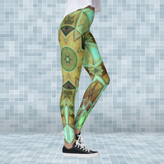 Mosaic Kaleidoscope Flower Green and Brown Leggings (Creator Uploaded)