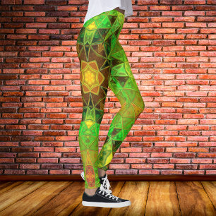 Mosaic Kaleidoscope Flower Green and Orange Leggings