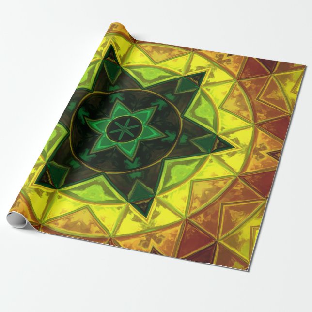 Mosaic Kaleidoscope Flower Green and Yellow Wrapping Paper (Unrolled)