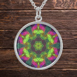 Mosaic Kaleidoscope Flower Green Pink and Purple Sterling Silver Necklace<br><div class="desc">This mosaic kaleidoscope design features brilliant green,  purple,  and pink tiles. A vivid geometric design inspired by fractals,  mandalas,  and stained glass mosaics. Get this beautiful trippy design now and add some groovy colours to your life!</div>