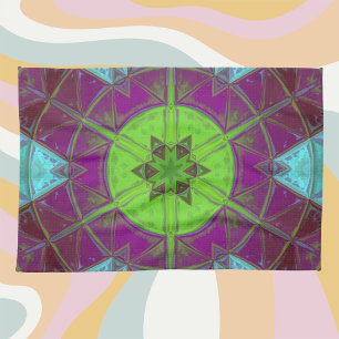 Mosaic Kaleidoscope Flower Green Purple and Blue Tea Towel