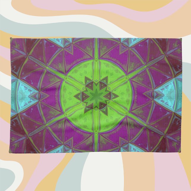 Mosaic Kaleidoscope Flower Green Purple and Blue Tea Towel (Creator Uploaded)