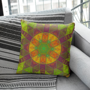 Mosaic Kaleidoscope Flower Green Purple and Orange Cushion