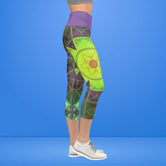 Mosaic Kaleidoscope Flower Green Purple and Yellow Capri Leggings