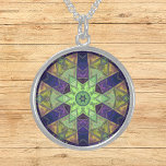 Mosaic Kaleidoscope Flower Green Yellow and Purple Sterling Silver Necklace<br><div class="desc">This mosaic kaleidoscope design features brilliant green,  yellow,  and purple tiles. A vivid geometric design inspired by fractals,  mandalas,  and stained glass mosaics. Get this beautiful trippy design now and add some groovy colours to your life!</div>