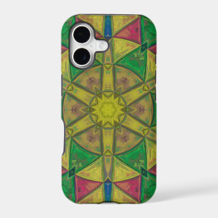 Mosaic Kaleidoscope Flower Green Yellow and Red