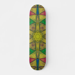 Mosaic Kaleidoscope Flower Green Yellow and Red Skateboard
