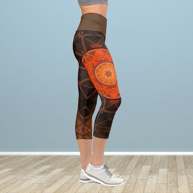 Mosaic Kaleidoscope Flower Orange and Brown Leggin Capri Leggings (Creator Uploaded)