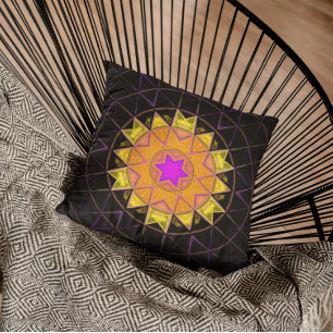 Mosaic Kaleidoscope Flower Orange Pink and Black Cushion