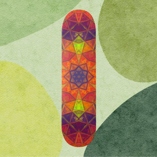 Mosaic Kaleidoscope Flower Orange Purple and Green Skateboard