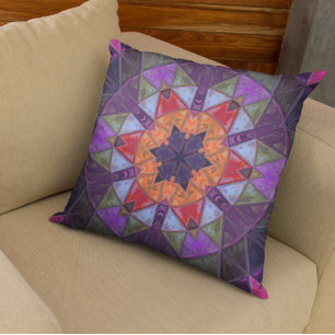 Mosaic Kaleidoscope Flower Orange Red and Purple Cushion