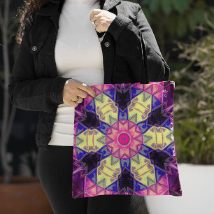 Mosaic Kaleidoscope Flower Pink Yellow and Blue Tote Bag