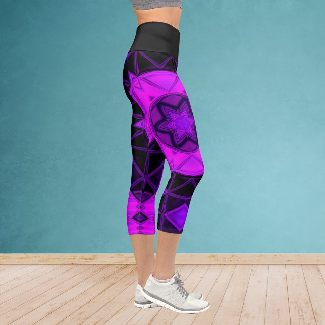 Mosaic Kaleidoscope Flower Purple and Black Leggin Capri Leggings (Creator Uploaded)