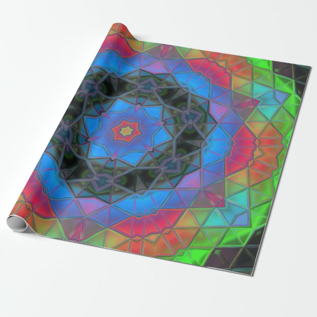 Mosaic Kaleidoscope Flower Rainbow Wrapping Paper (Unrolled)