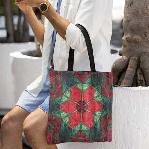 Mosaic Kaleidoscope Flower Red and Teal Tote Bag