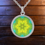 Mosaic Kaleidoscope Flower Yellow and Blue Sterling Silver Necklace<br><div class="desc">This mosaic kaleidoscope design features brilliant yellow and blue tiles. A vivid geometric design inspired by fractals,  mandalas,  and stained glass mosaics. Get this beautiful trippy design now and add some groovy colours to your life!</div>