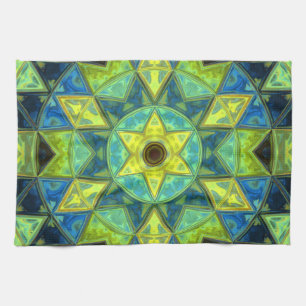 Mosaic Kaleidoscope Flower Yellow and Blue Tea Towel