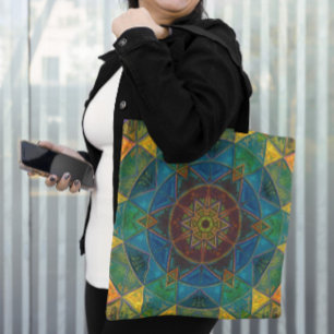 Mosaic Kaleidoscope Flower Yellow Blue and Green Tote Bag