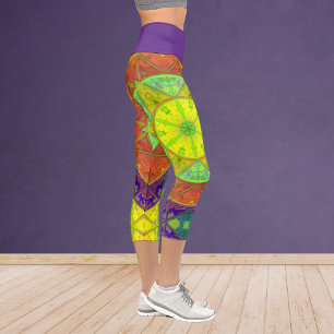 Mosaic Kaleidoscope Flower Yellow Green and Orange Capri Leggings