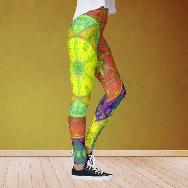 Mosaic Kaleidoscope Flower Yellow Green and Orange Leggings (Creator Uploaded)