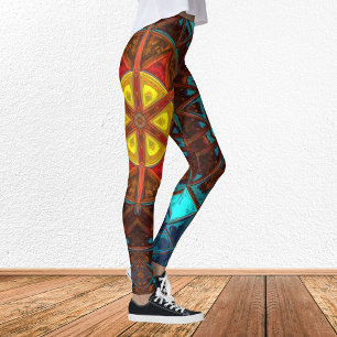 Mosaic Kaleidoscope Flower Yellow Orange and Blue Leggings