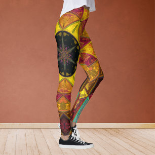 Mosaic Kaleidoscope Flower Yellow Red and Blue Leggings
