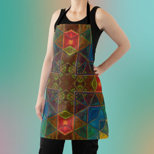 Mosaic Kaleidoscope Square Blue Red and Green Apron (Creator Uploaded)