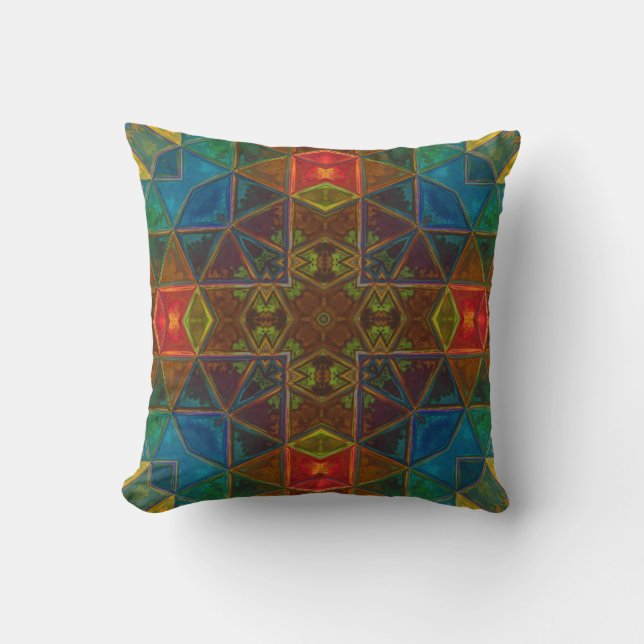 Mosaic Kaleidoscope Square Blue Red and Green Cushion (Front)