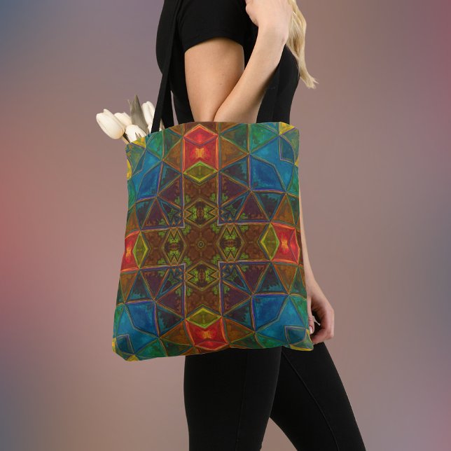 Mosaic Kaleidoscope Square Blue Red and Green Tote Bag (Creator Uploaded)